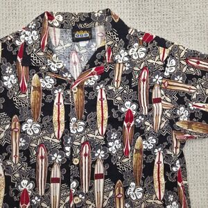Vintage ODO Surfboard AOP Short Sleeve Hawaiian Shirt Black‎ Mens Large USA MADE